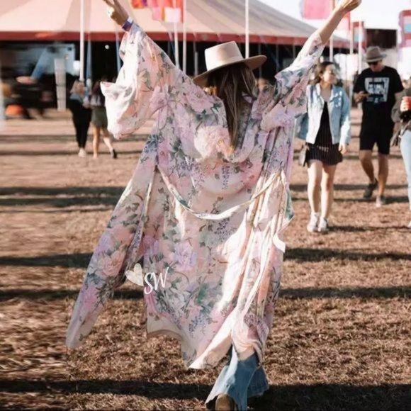 Boho Floral Print Maxi Duster Kimono Coverup - Picture 7 of 11